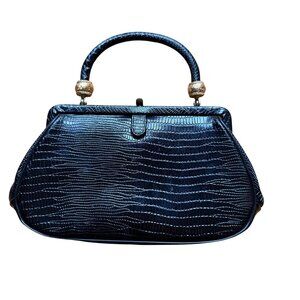 Vintage Meyers Black Faux Crocodile Handbag & Kirk Stieff Silver Compact Mirror